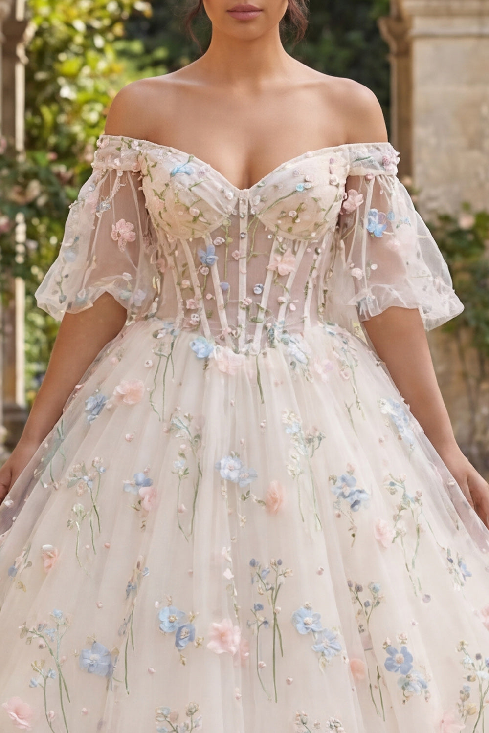 Puff Sleeves Champagne Princess Floral Long Corset Quinceanera Dress