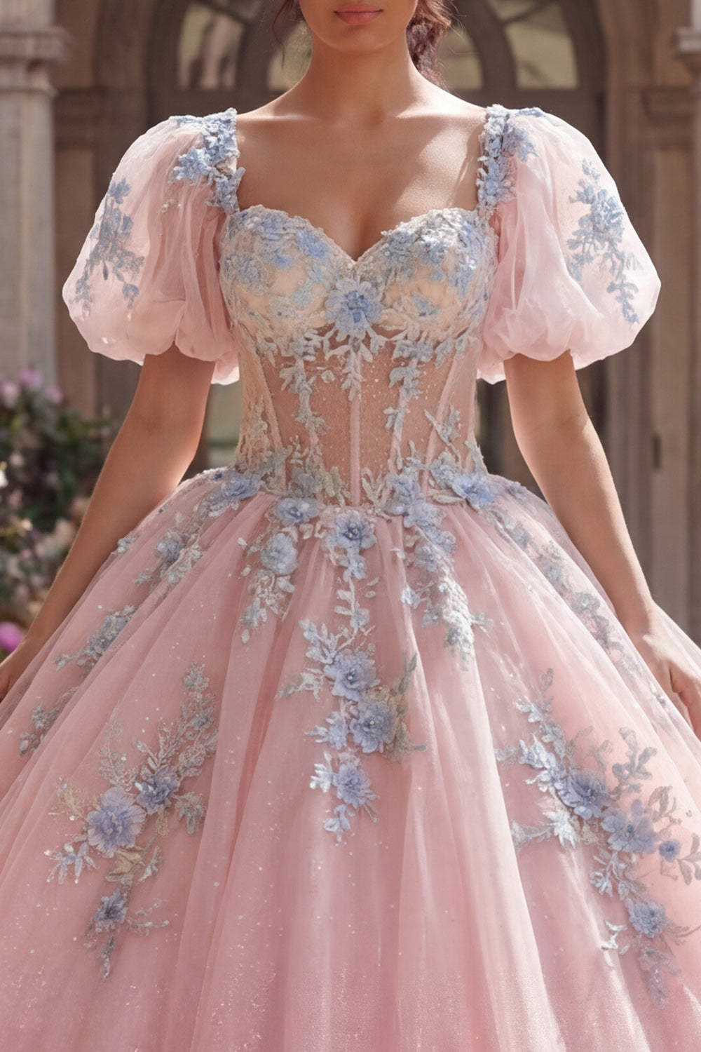 Floral Puff Sleeves Pink Long Corset Glitter Princess Quinceanera Dress with Lace