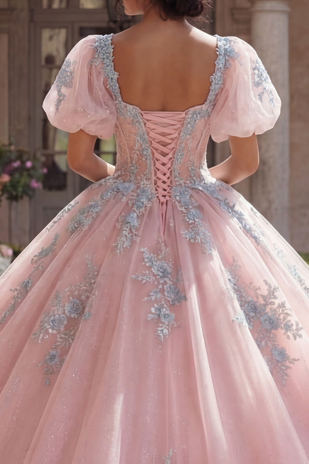 Floral Puff Sleeves Pink Long Corset Glitter Princess Quinceanera Dress with Lace