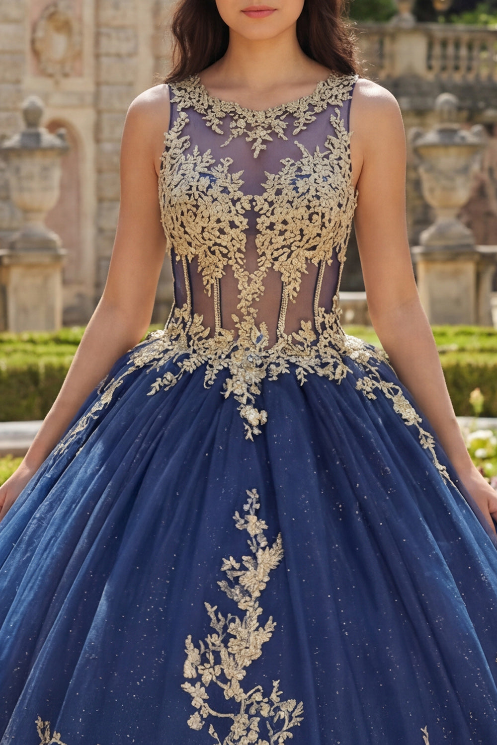 Corset Appliqued Boat Neck Glitter Princess Floral Long Navy Quinceanera Dress