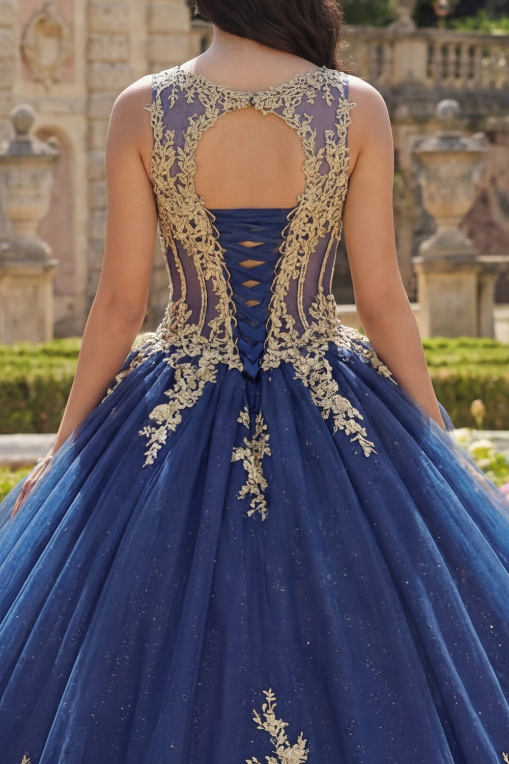 Corset Appliqued Boat Neck Glitter Princess Floral Long Navy Quinceanera Dress