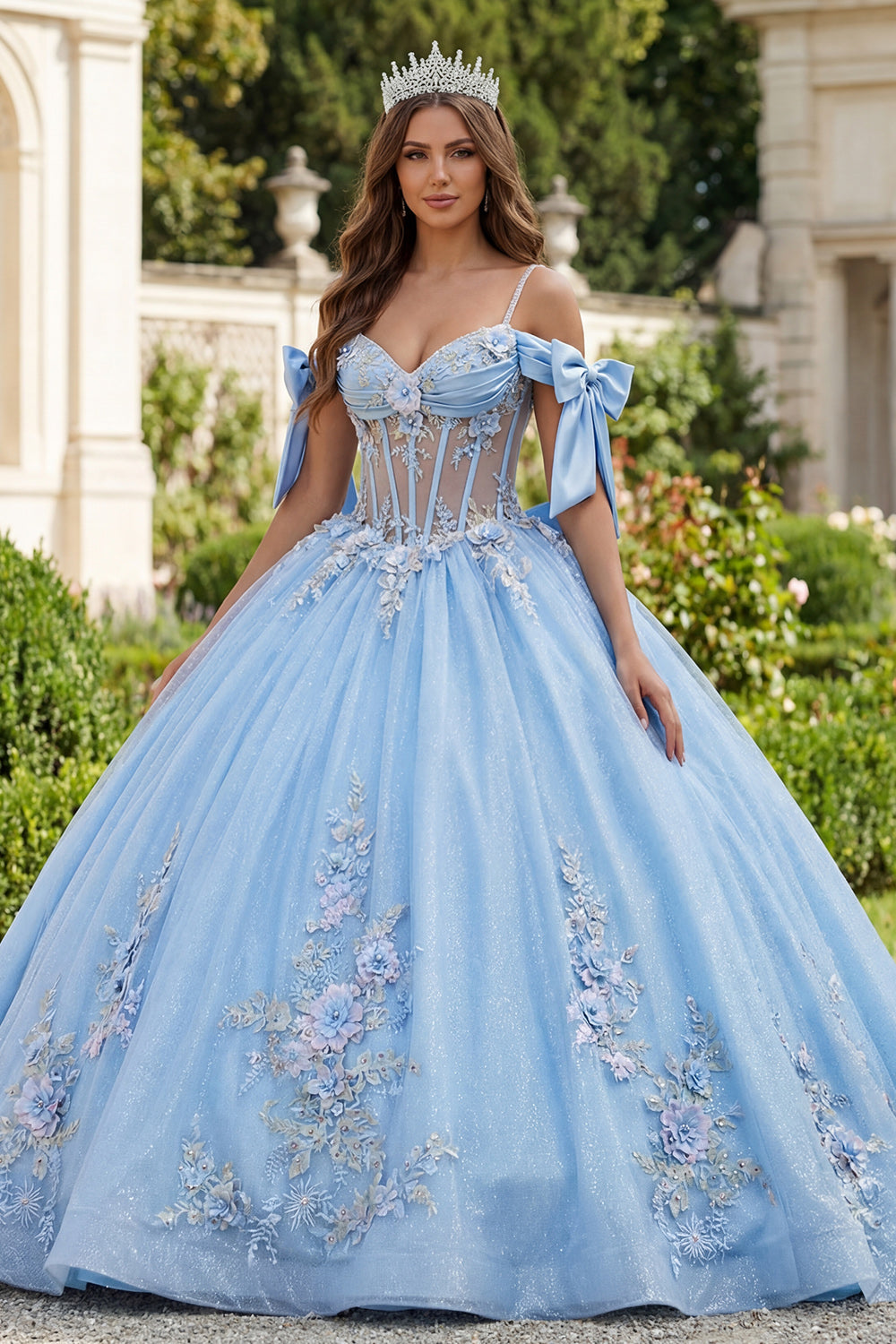 Sky Blue Floral Corset Glitter Long Princess Beaded Quinceanera Dress with Bows