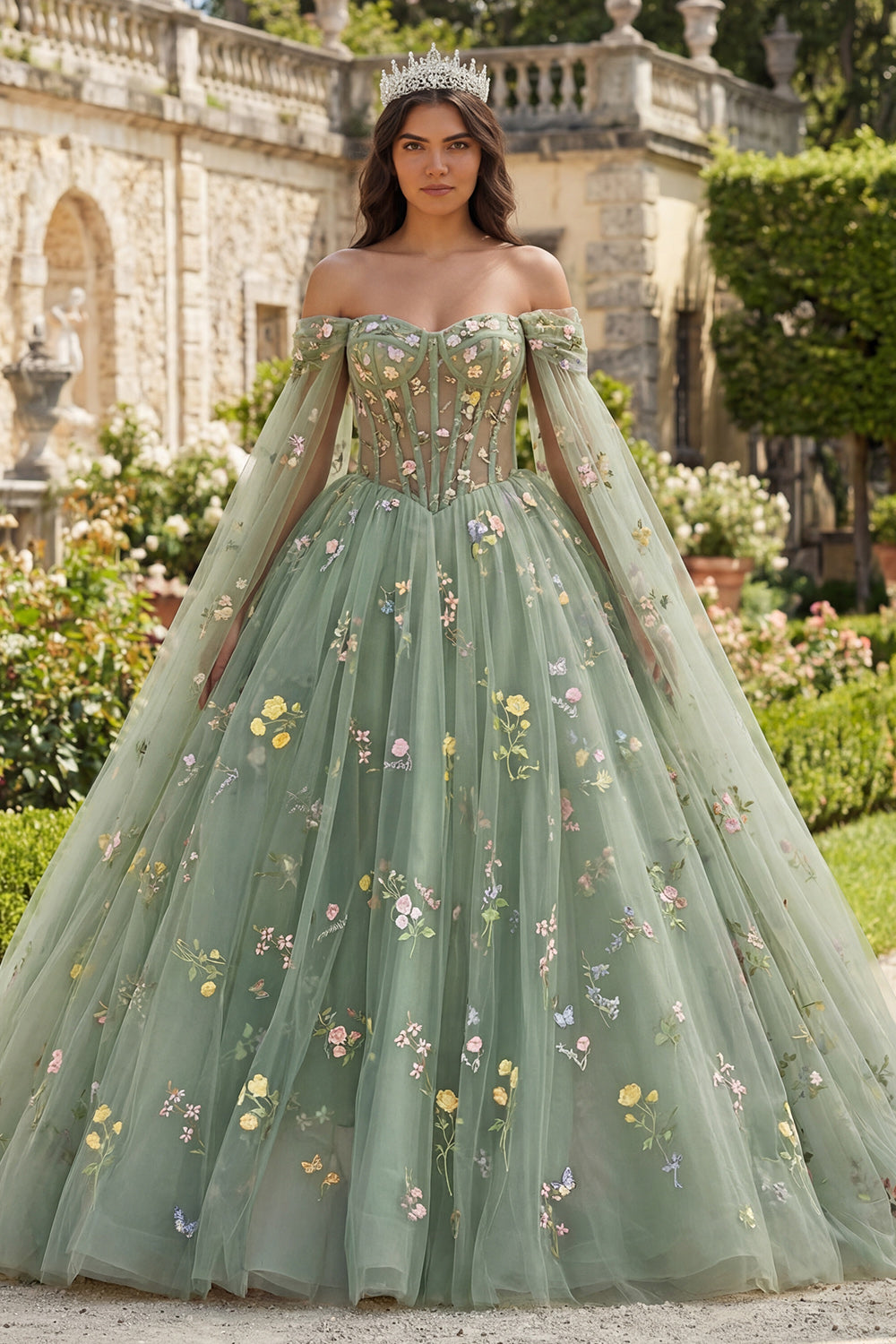 Princess Floral Dusty Sage Long Corset Quinceanera Dress with Cape