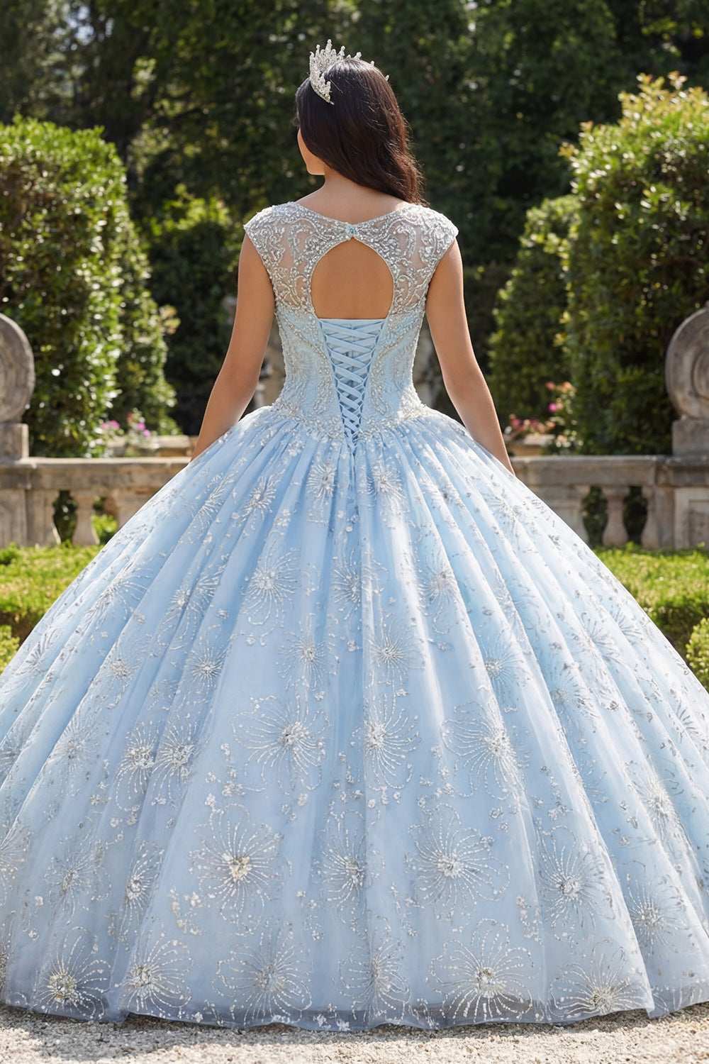 Beaded Sparkly Sky Blue Princess Floral Long Boat Neck Quinceanera Dress