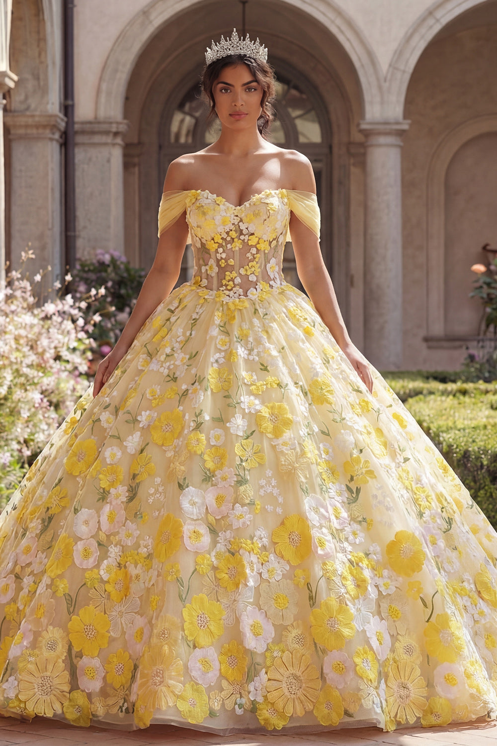 Off the Shoulder Yellow Princess Floral Long Corset Quinceanera Dress