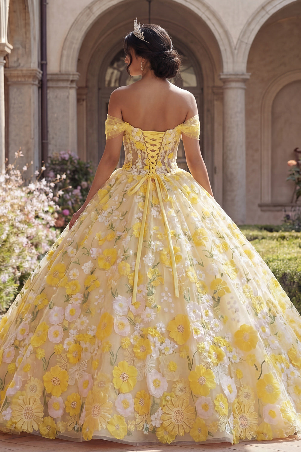 Off the Shoulder Yellow Princess Floral Long Corset Quinceanera Dress