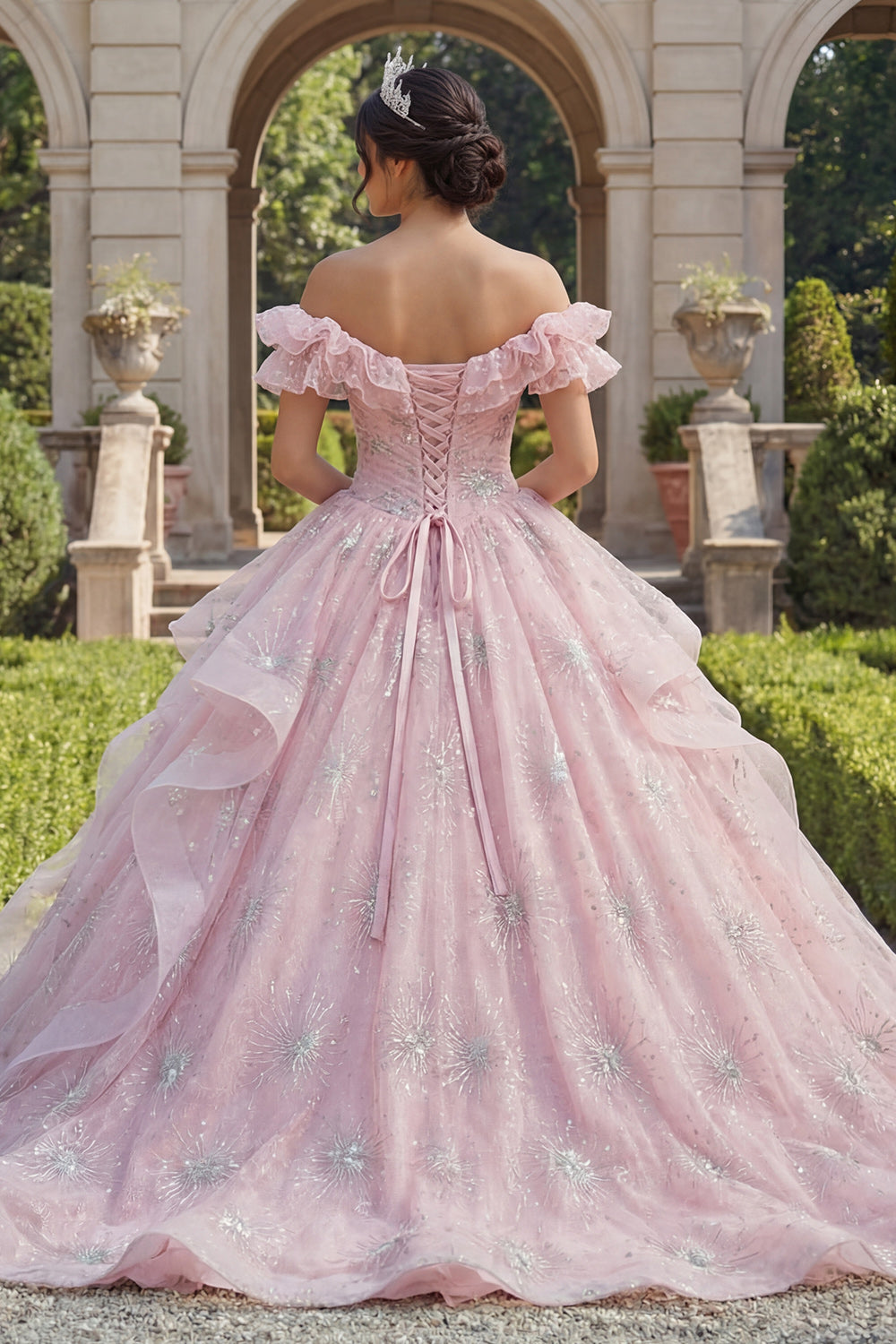 Pink Princess Ruched Sequin Long Quinceanera Dress with Ruffles