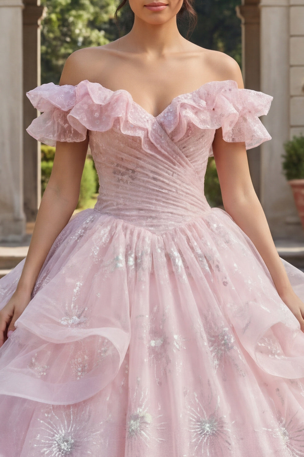 Pink Princess Ruched Sequin Long Quinceanera Dress with Ruffles