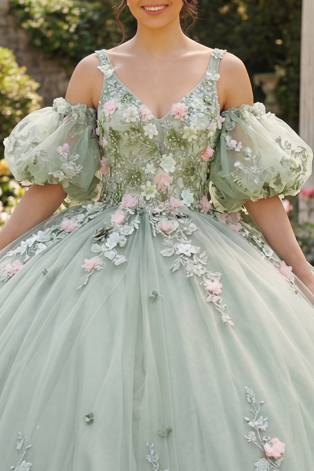 V-Neck Sage Green Princess Puff Sleeves Floral Long Quinceanera Dress