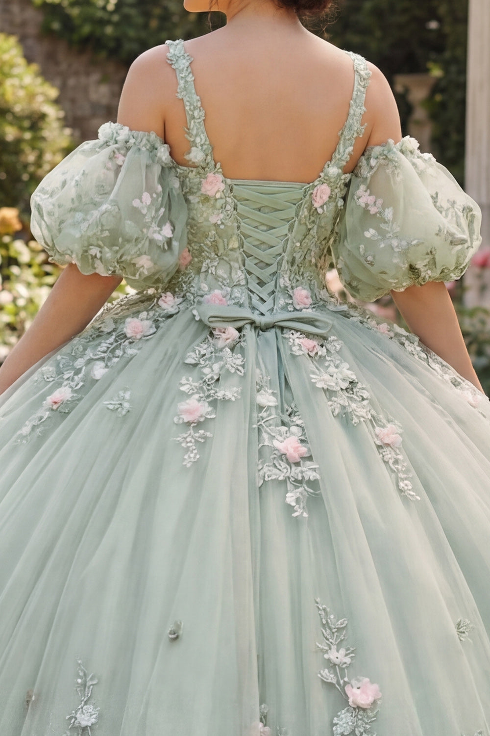 V-Neck Sage Green Princess Puff Sleeves Floral Long Quinceanera Dress
