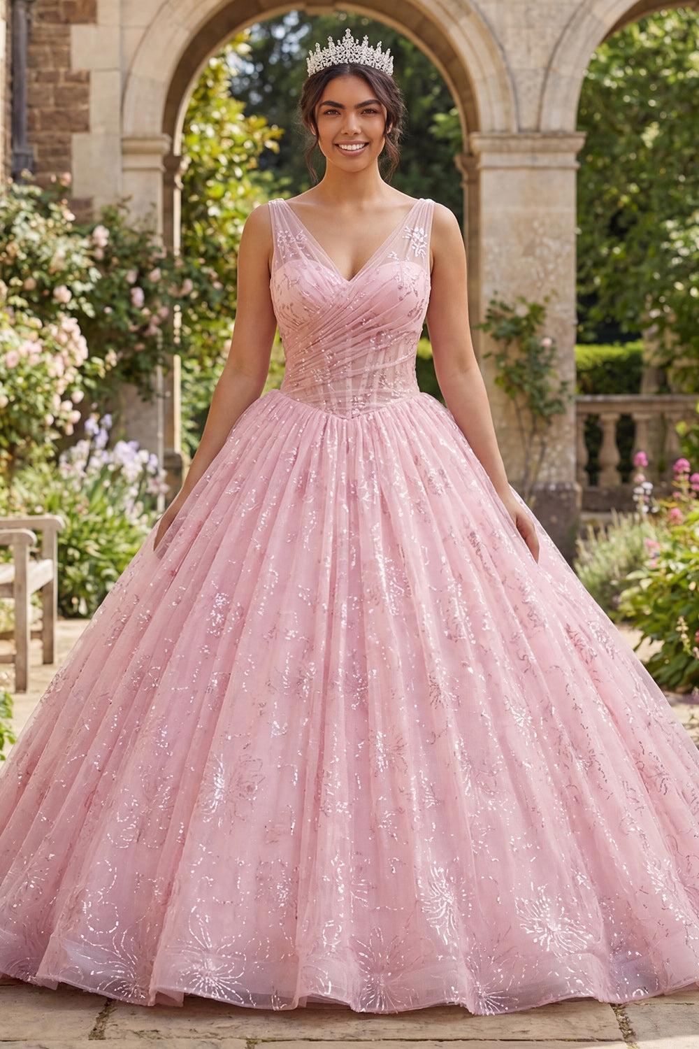 Sparkly Pink Sequin Princess Long Ruched Corset Floral Quinceanera Dress