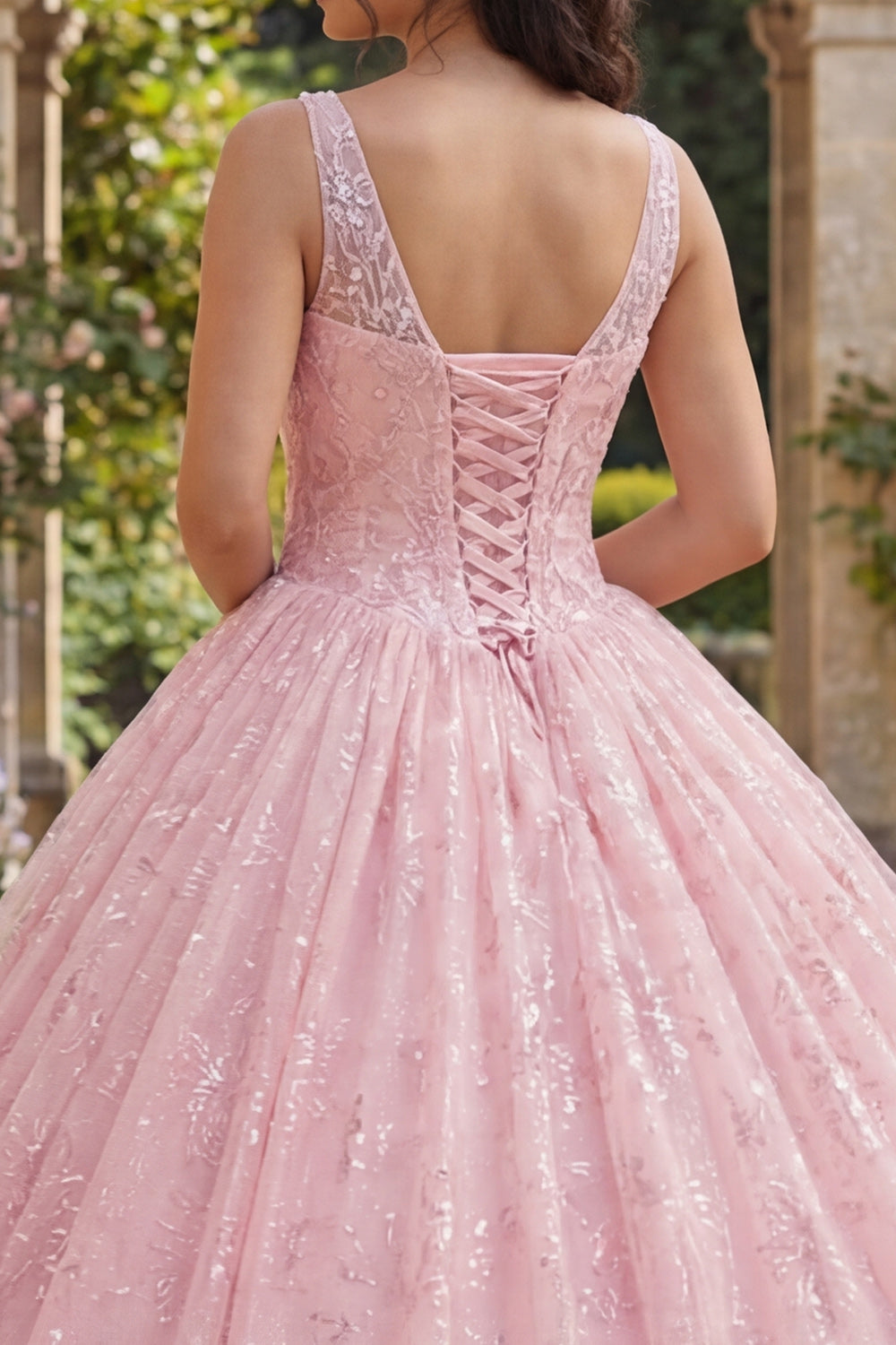 Sparkly Pink Sequin Princess Long Ruched Corset Floral Quinceanera Dress