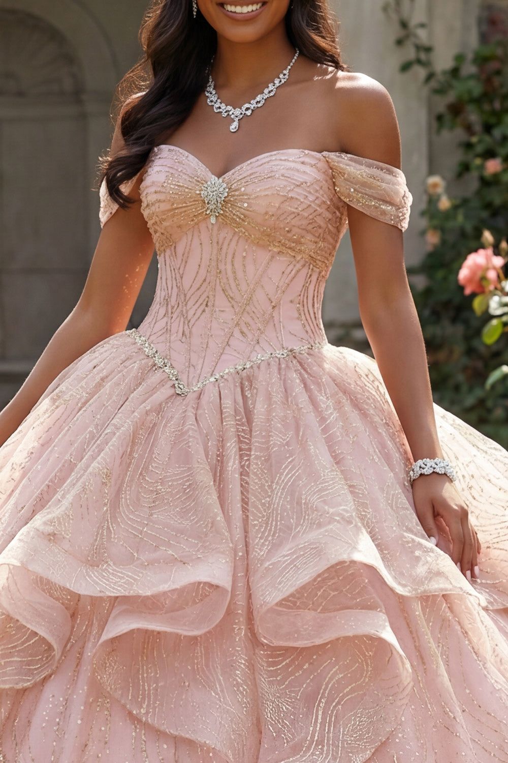 Long Corset Sequin Beaded Sparkly Pink Princess Quinceanera Dress with Ruffles