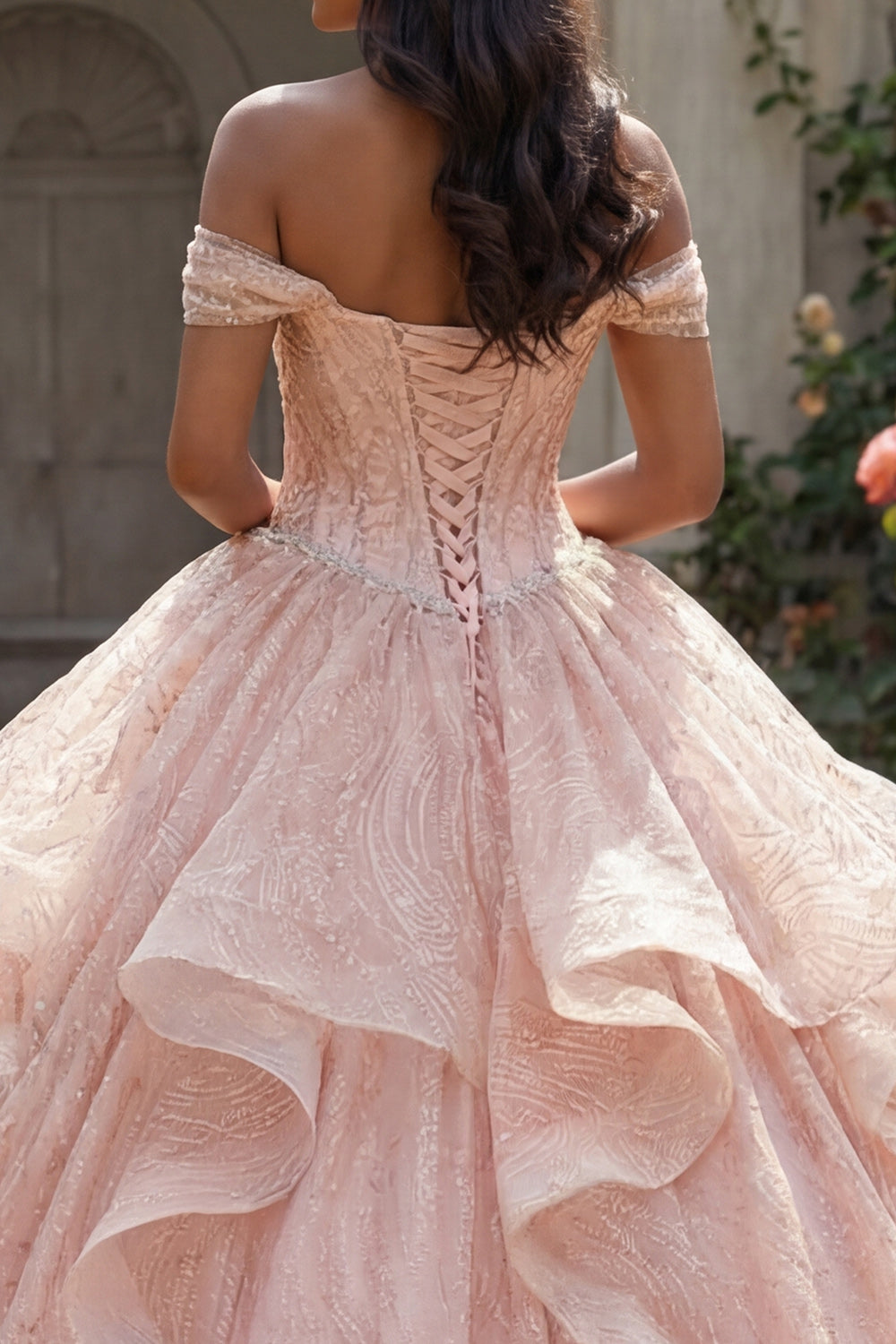 Long Corset Sequin Beaded Sparkly Pink Princess Quinceanera Dress with Ruffles