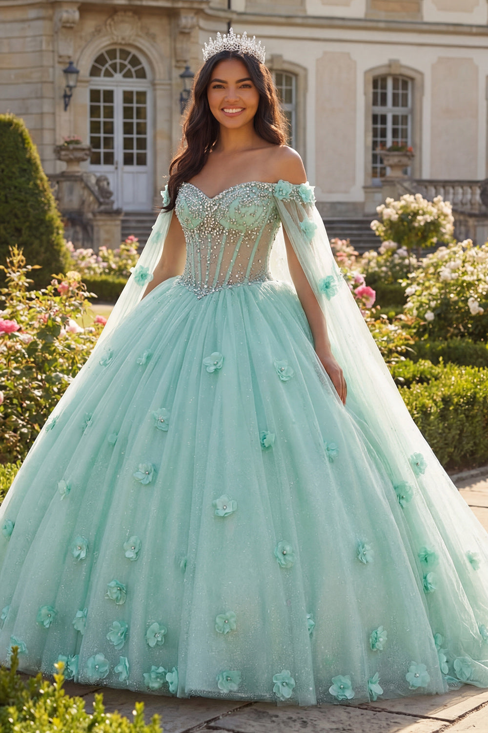 Light Green Corset Princess Beaded Floral Long Quinceanera Dress with Cape
