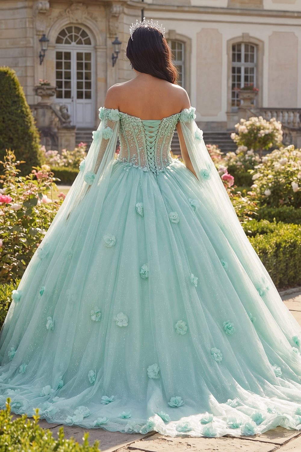 Light Green Corset Princess Beaded Floral Long Quinceanera Dress with Cape