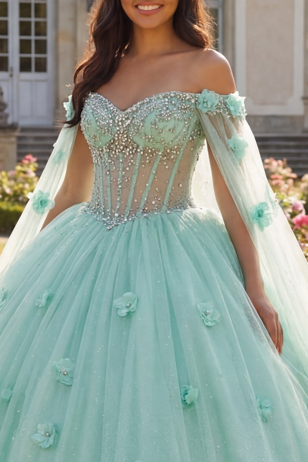 Light Green Corset Princess Beaded Floral Long Quinceanera Dress with Cape