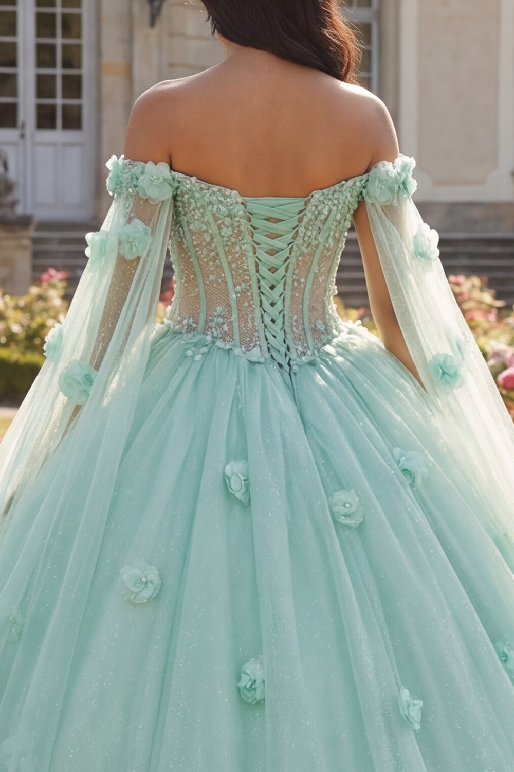 Light Green Corset Princess Beaded Floral Long Quinceanera Dress with Cape