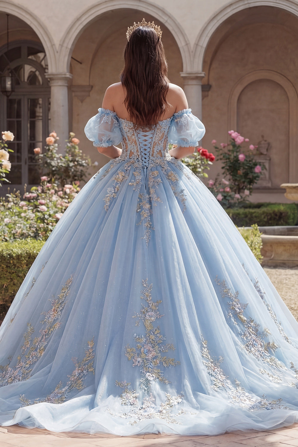 Sky Blue Long Puff Sleeves Floral Corset Glitter Princess Quinceanera Dress