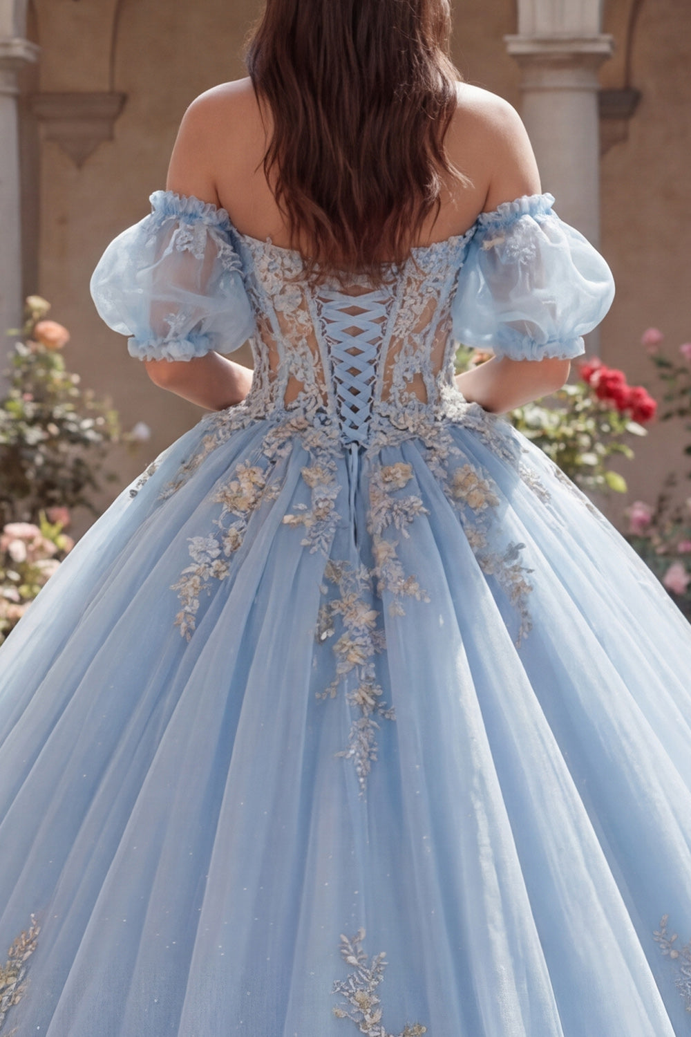 Sky Blue Long Puff Sleeves Floral Corset Glitter Princess Quinceanera Dress