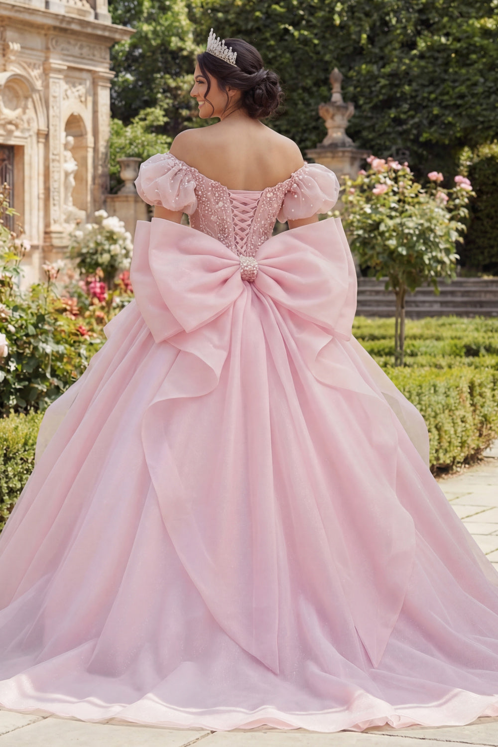 Puff Sleeves Pink Floral Long Corset Princess Ruffled Quinceanera Dress with Pearls