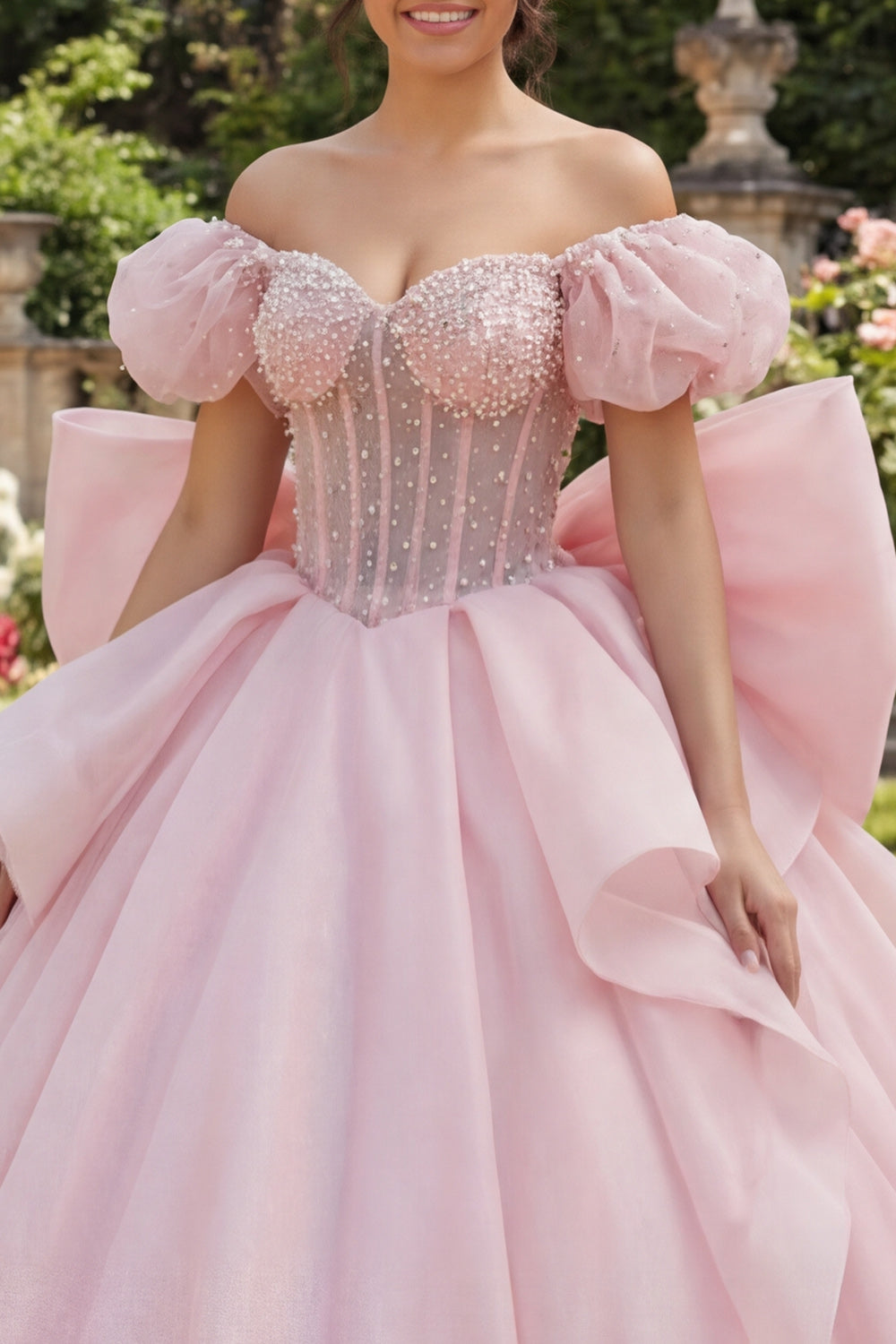Puff Sleeves Pink Floral Long Corset Princess Ruffled Quinceanera Dress with Pearls