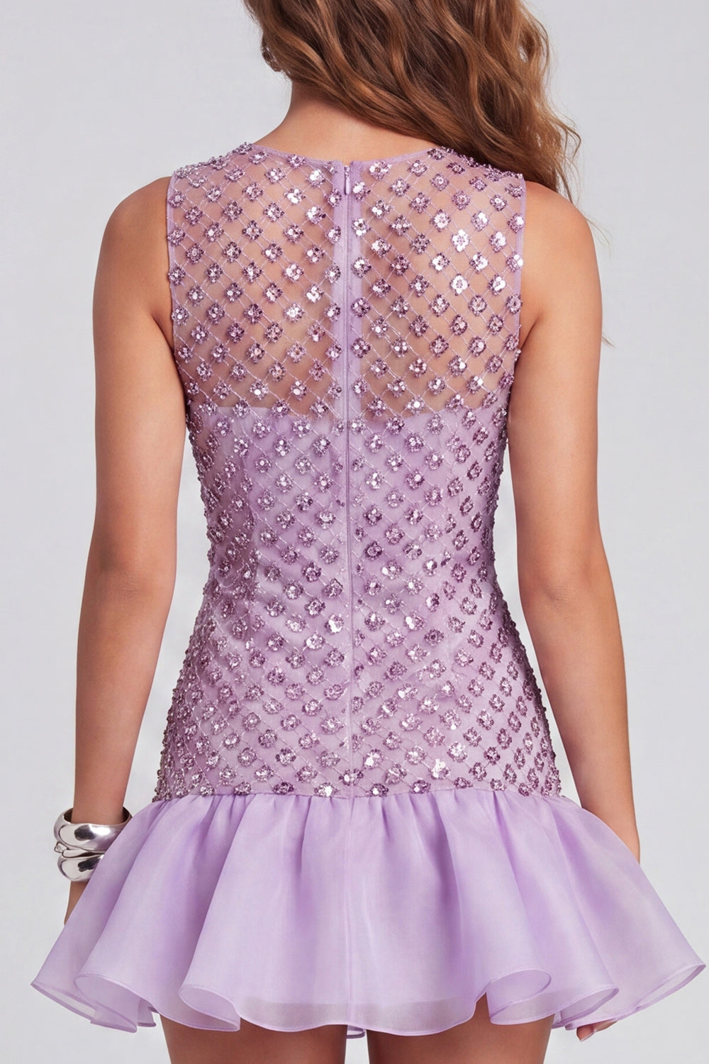 Sparkly Lilac Beaded Round Neck Short Homecoming Dress with Ruffles
