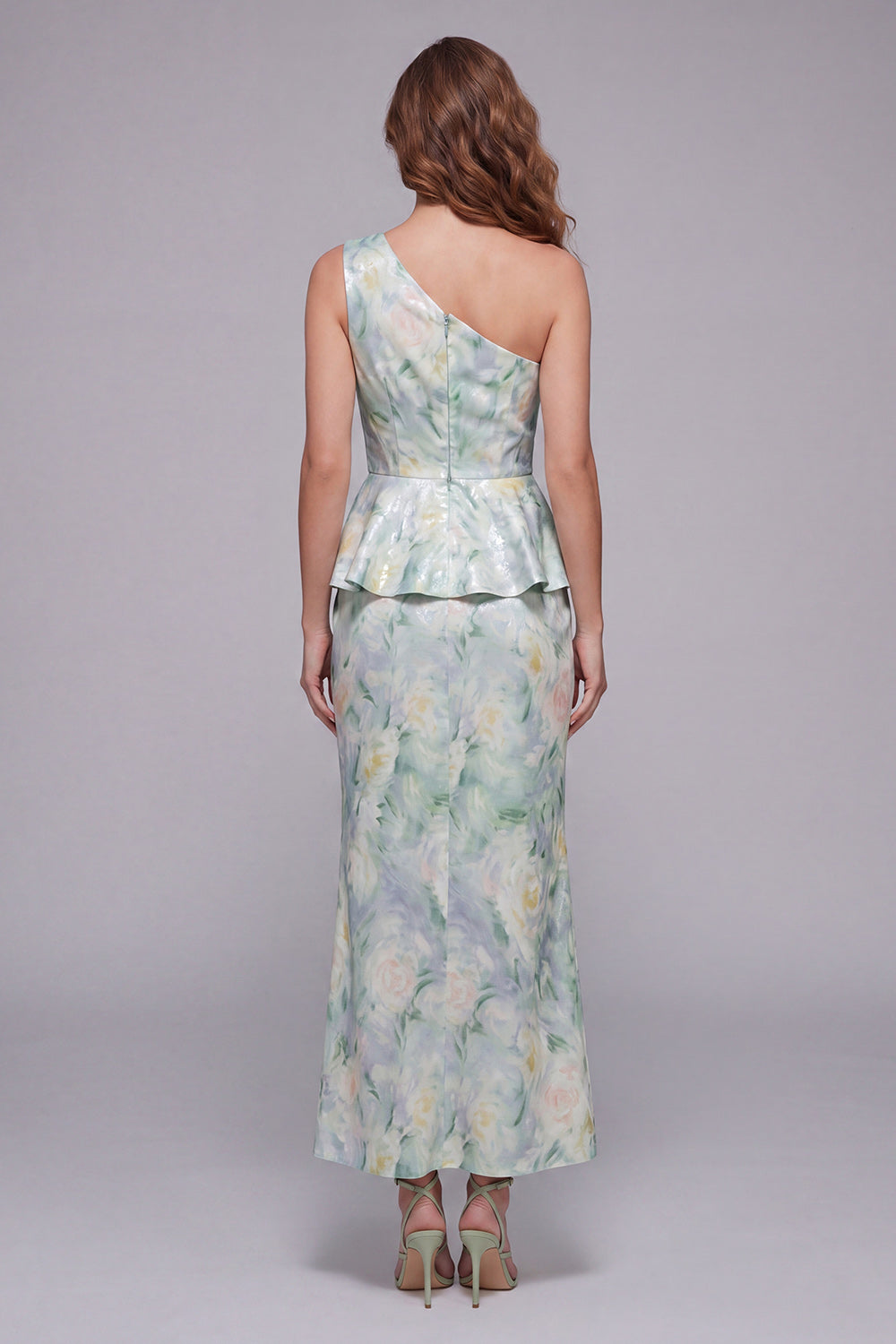 Light Green One Shoulder Floral Long Mermaid Ruched Formal Dress with Ruffles