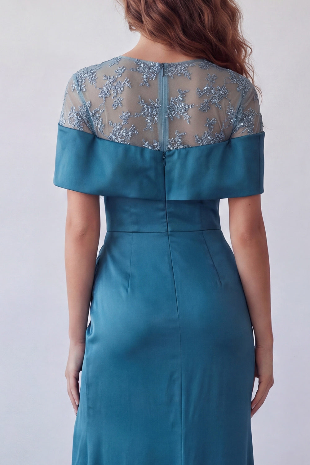 Peacock Boat Neck Blue Floral Long Mermaid Ruched Formal Dress with Cape