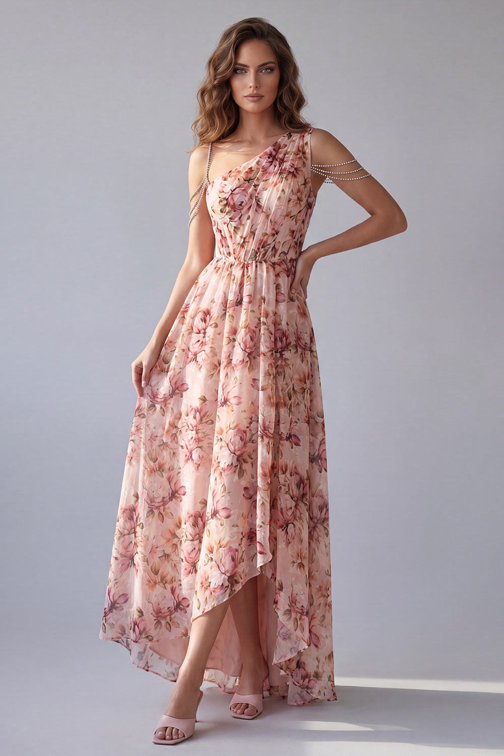 Pink Floral A Line Ruched One Shoulder High Low Formal Dress with Beading
