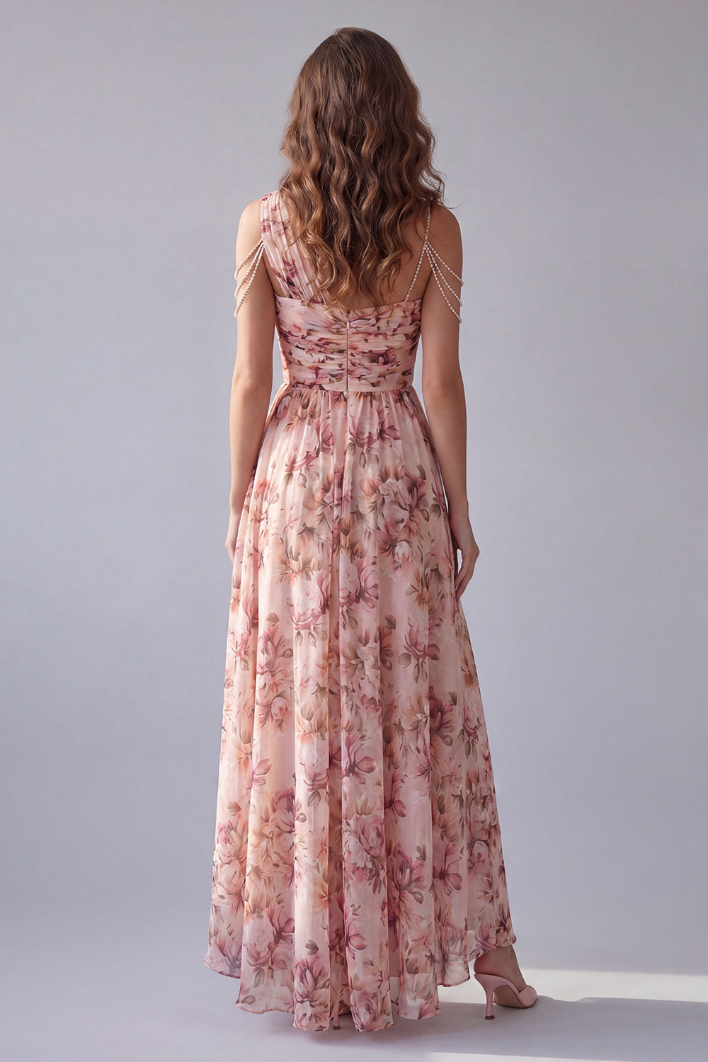 Pink Floral A Line Ruched One Shoulder High Low Formal Dress with Beading