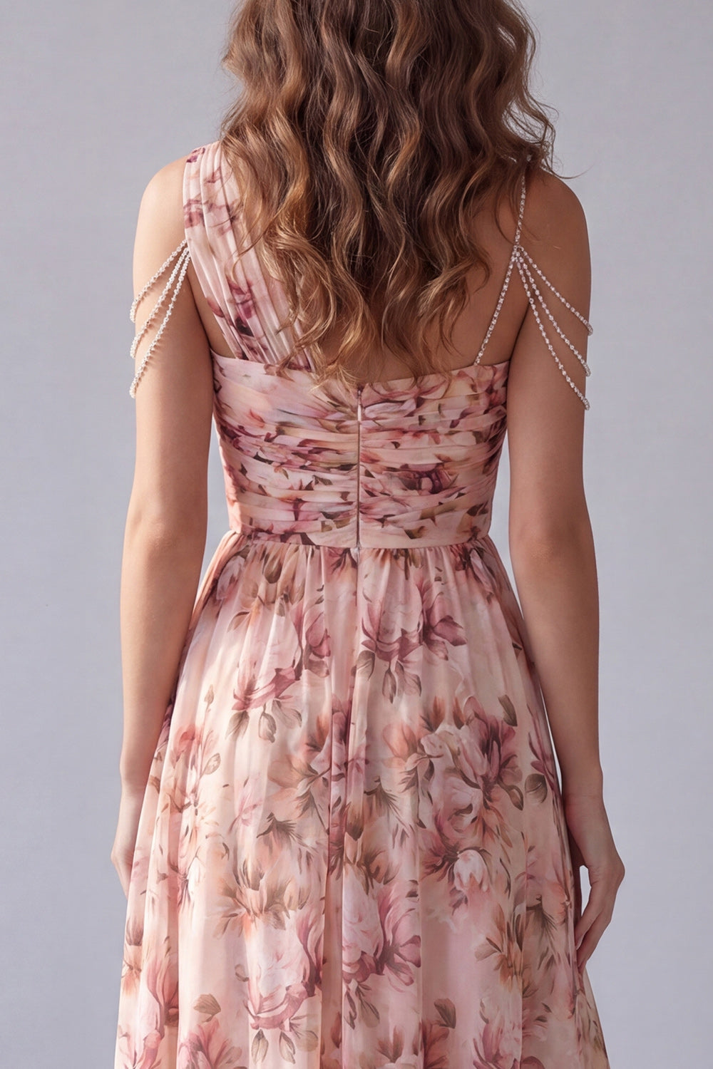 Pink Floral A Line Ruched One Shoulder High Low Formal Dress with Beading