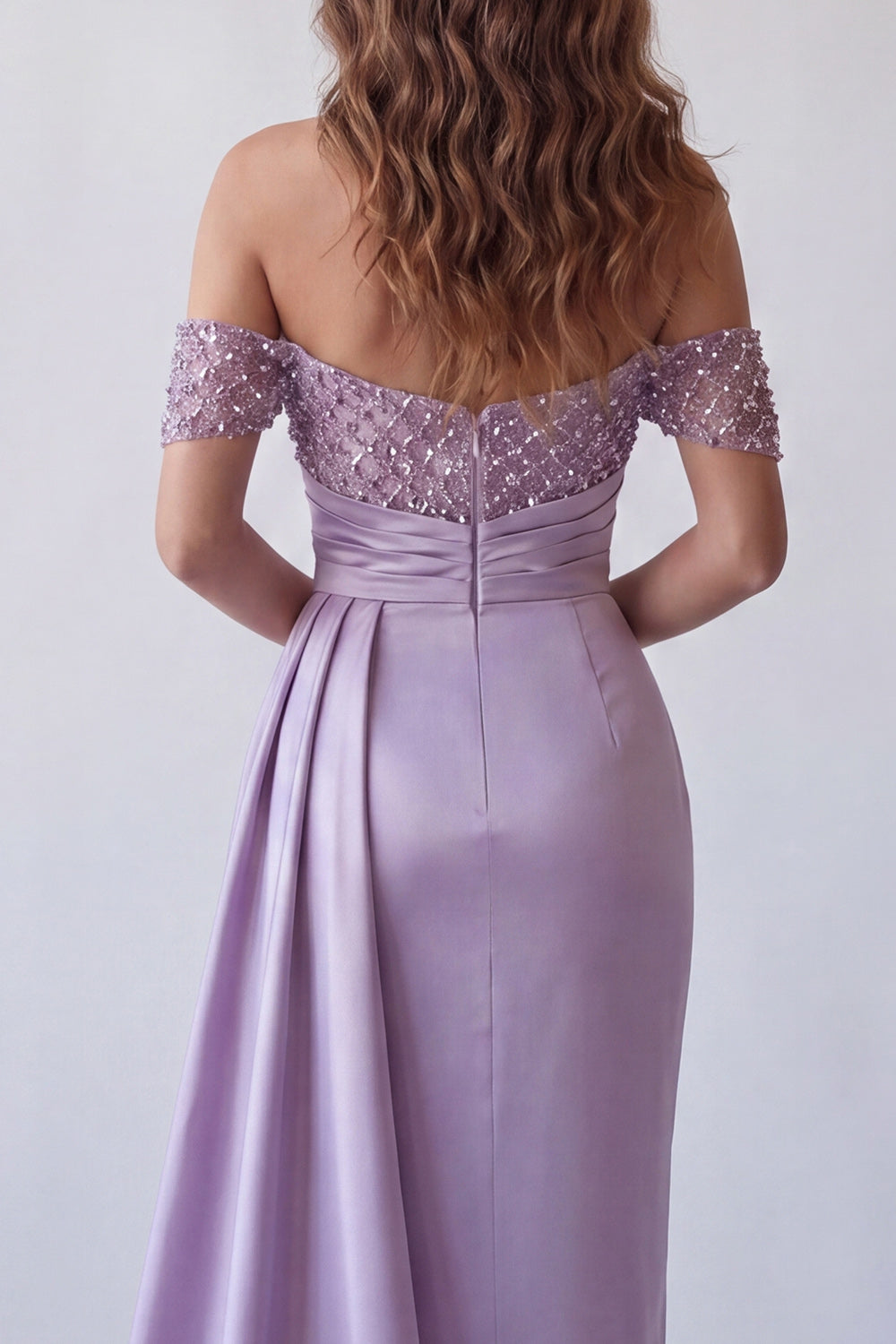 Light Purple Ruched Beaded Long Mermaid Formal Dress with Side Cape