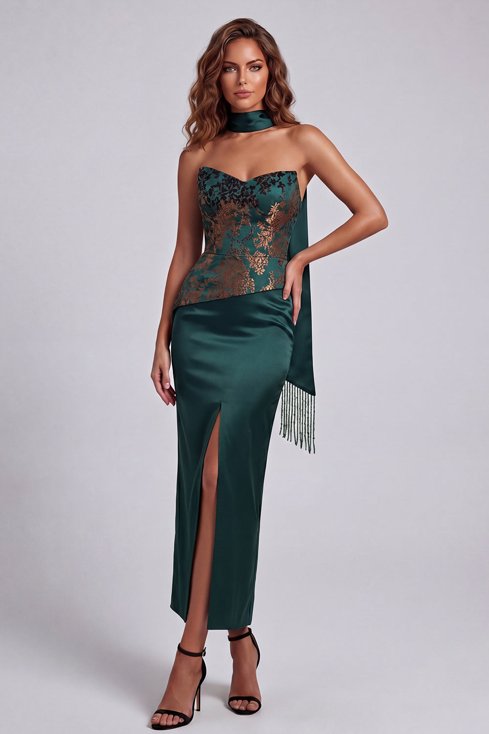 Dark Green Basque Waist Long Strapless Sheath Floral Formal Dress with Slit