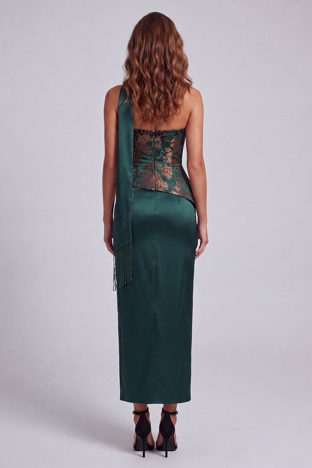 Dark Green Basque Waist Long Strapless Sheath Floral Formal Dress with Slit