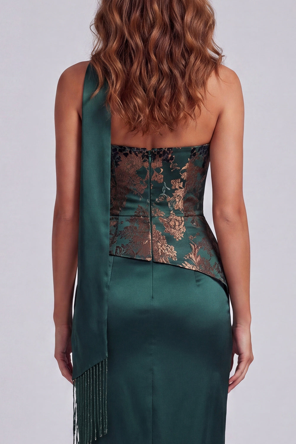 Dark Green Basque Waist Long Strapless Sheath Floral Formal Dress with Slit