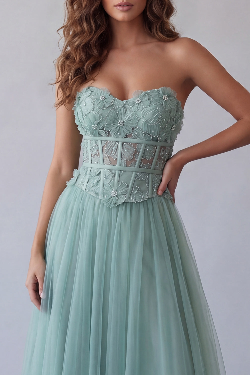 Strapless Green Corset Floral Long A Line Formal Dress with Beading