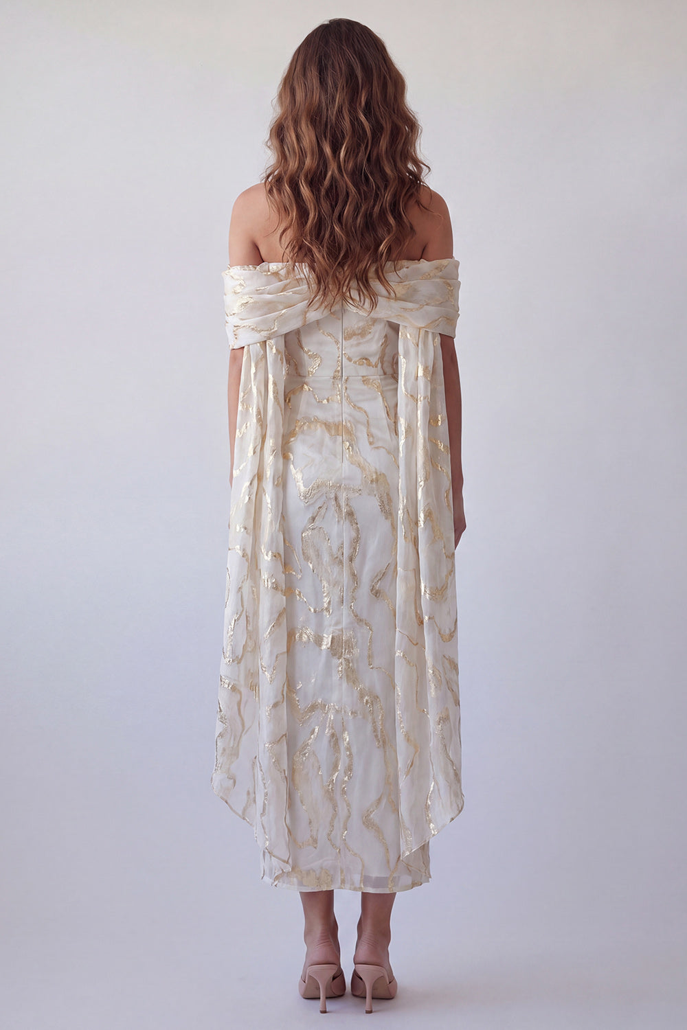 Champagne Sheath Off the Shoulder Long Formal Dress with Shawl