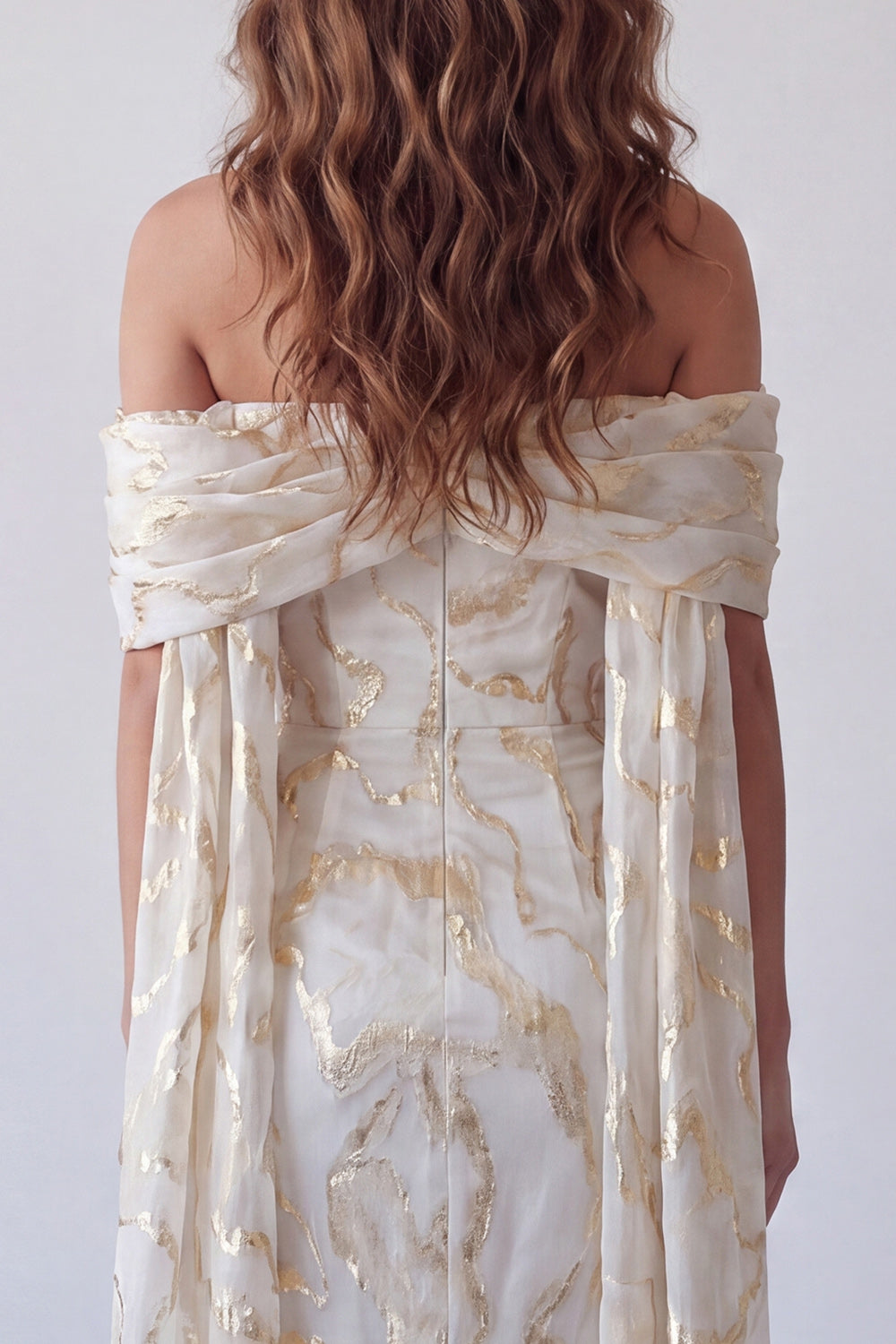 Champagne Sheath Off the Shoulder Long Formal Dress with Shawl