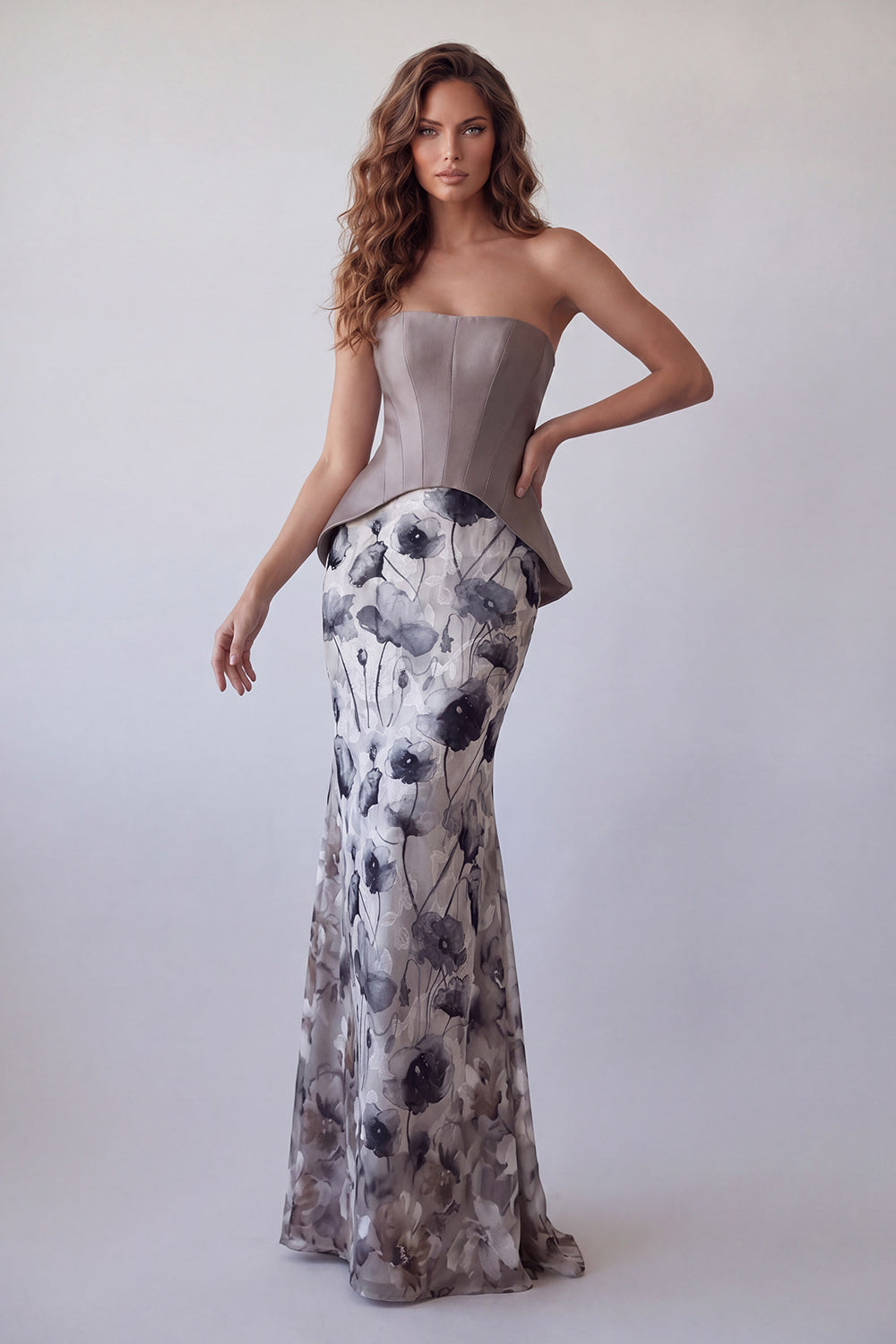 Vintage Mauve Strapless Floral Basque Waist Long Corset Mermaid Formal Dress