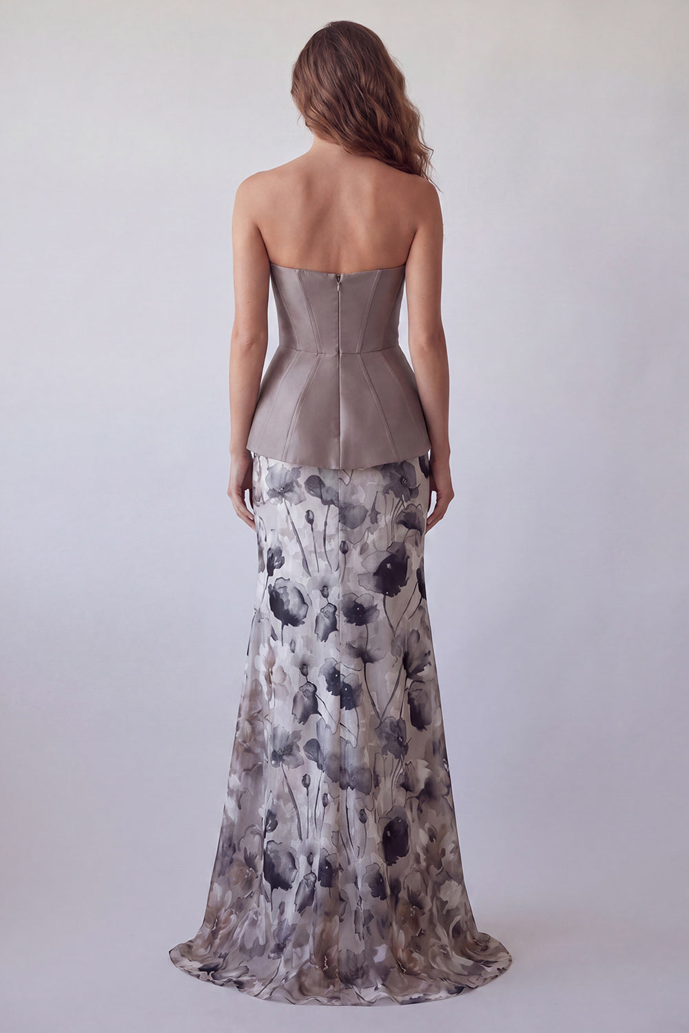 Vintage Mauve Strapless Floral Basque Waist Long Corset Mermaid Formal Dress