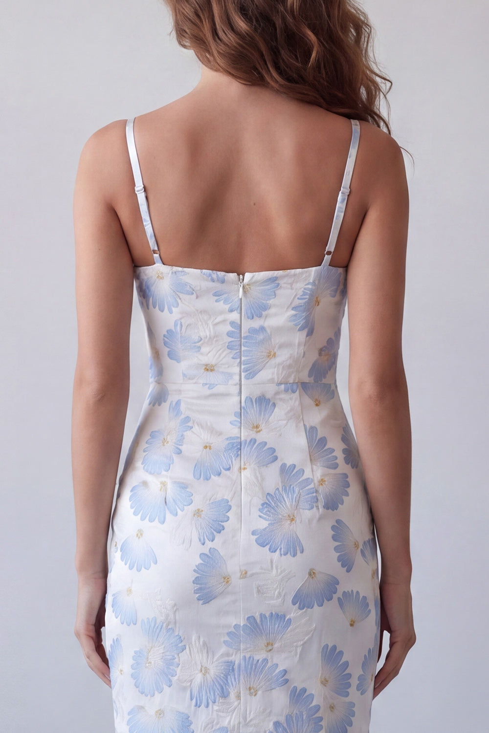 Light Blue Spaghetti Straps Floral Long Sheath Formal Dress