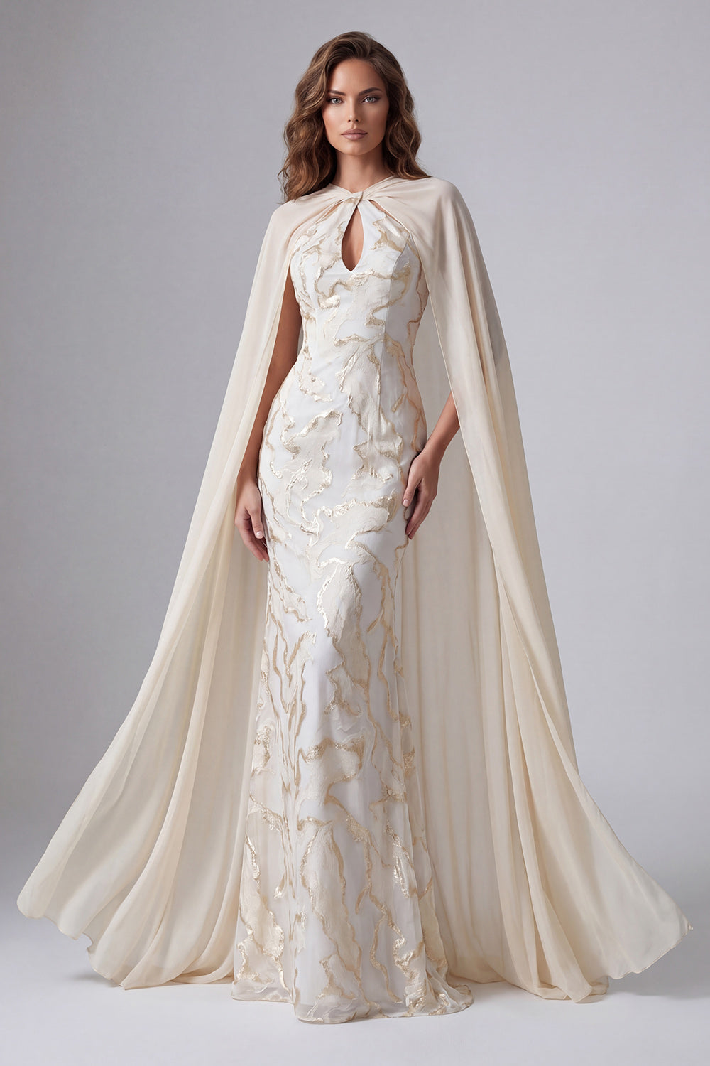 Champagne Keyhole Mermaid Long Formal Dress with Cape
