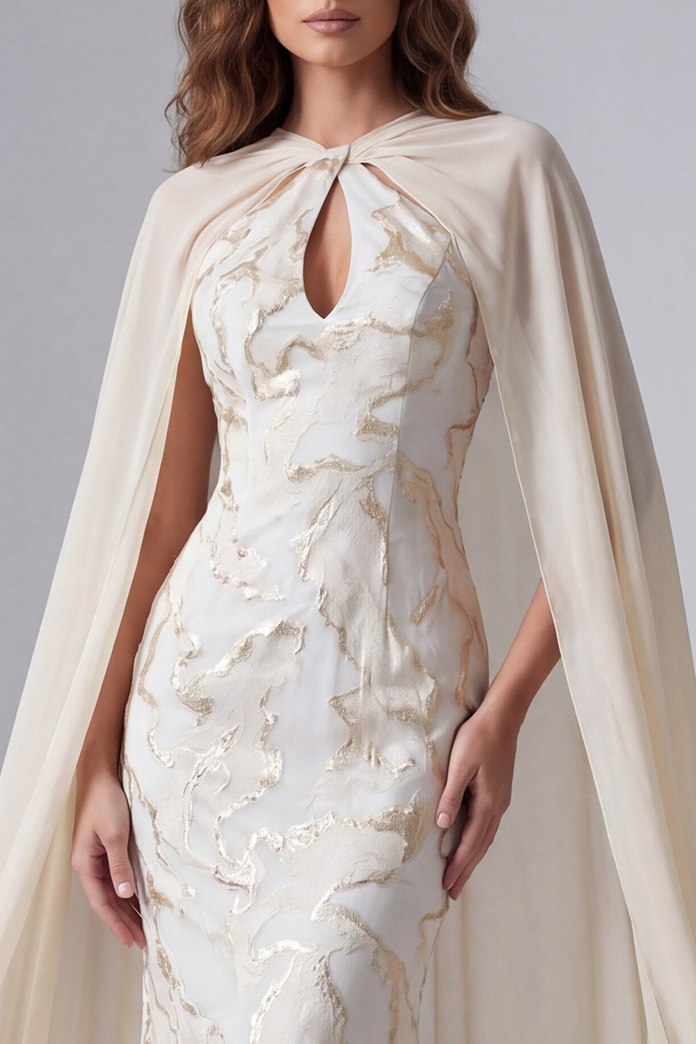 Champagne Keyhole Mermaid Long Formal Dress with Cape