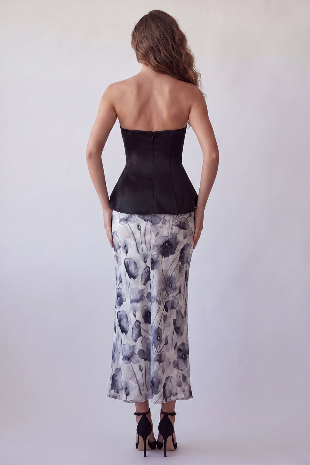 Floral Basque Waist Black Strapless Long Corset Mermaid Formal Dress