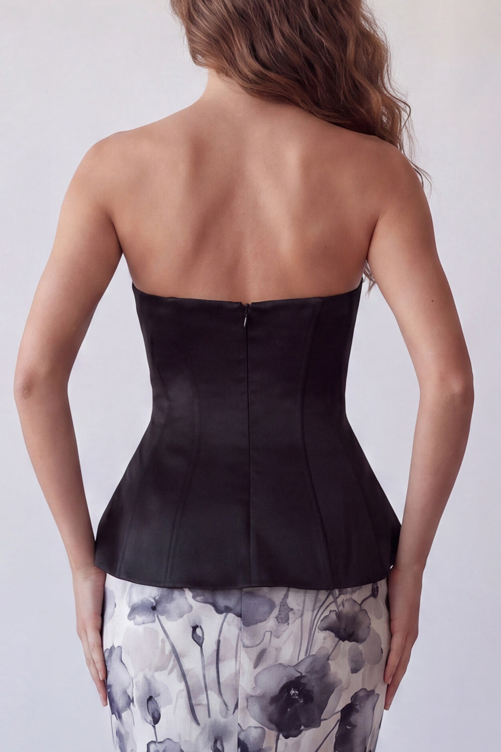 Floral Basque Waist Black Strapless Long Corset Mermaid Formal Dress