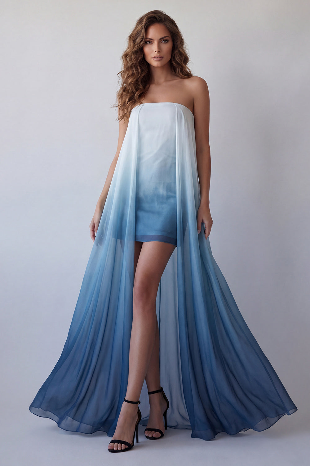 Strapless Lake Blue Tie Dye Beach Wedding Guest Dress with Cape
