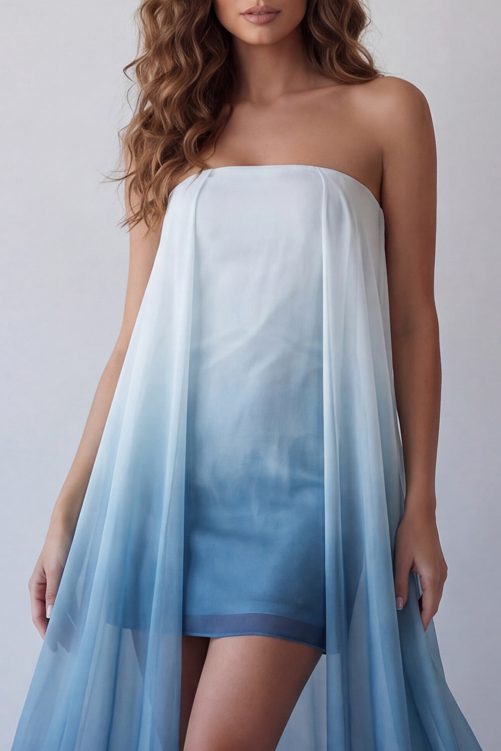Strapless Lake Blue Tie Dye Beach Wedding Guest Dress with Cape