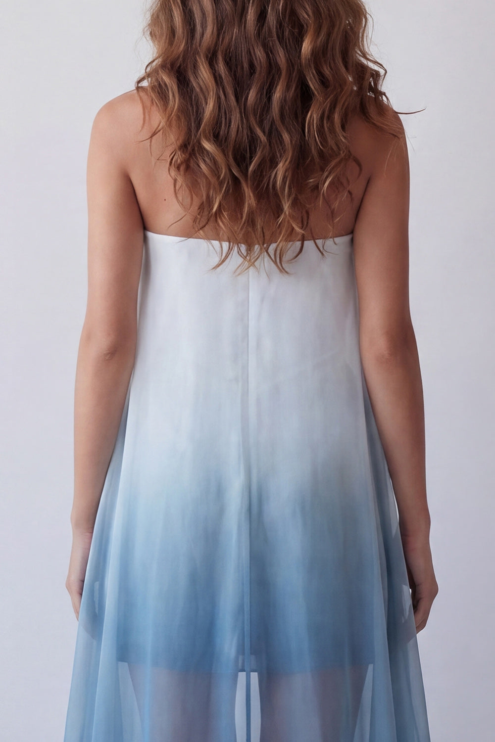 Strapless Lake Blue Tie Dye Beach Wedding Guest Dress with Cape
