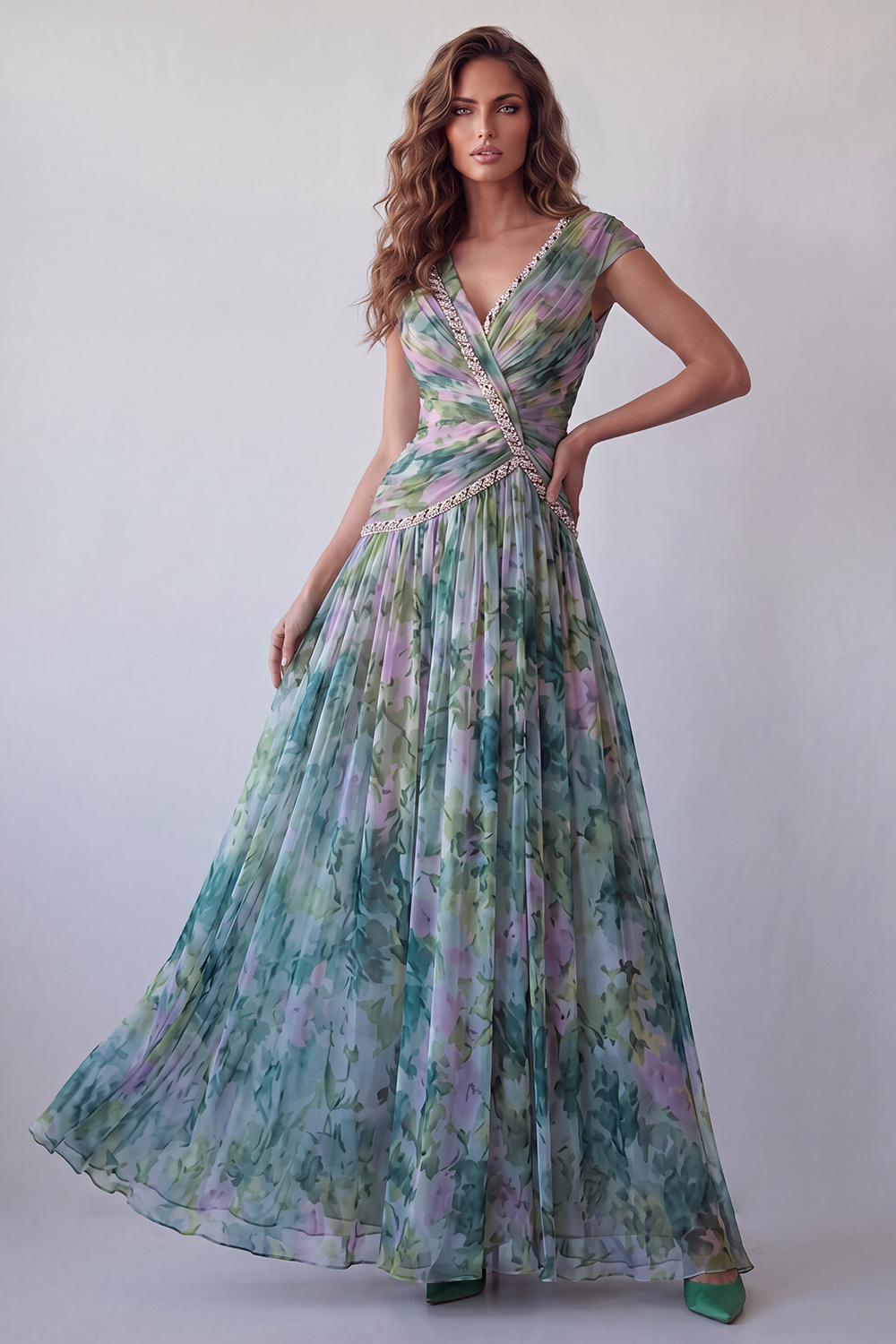 A Line V-Neck Dusty Sage Floral Ruched Long Formal Dress with Beading